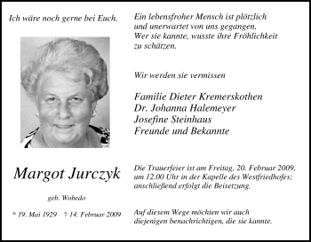 Traueranzeige von Margot Jurczyk von Tageszeitung