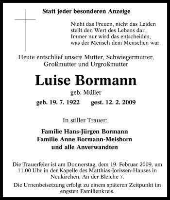 Traueranzeige von Luise Bormann von Tageszeitung