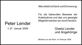 Traueranzeige von Peter Lender von Tageszeitung