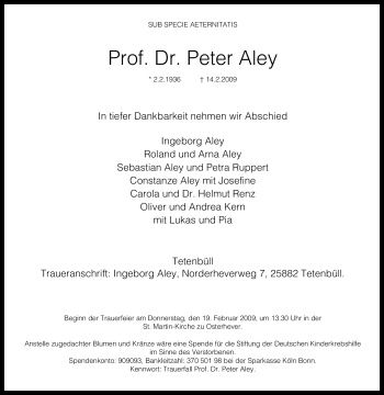 Traueranzeige von Peter Aley von Tageszeitung
