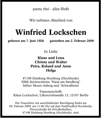 Traueranzeige von Winfried Lockschen von Tageszeitung