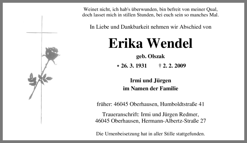  Traueranzeige für Erika Wendel vom 14.02.2009 aus Tageszeitung