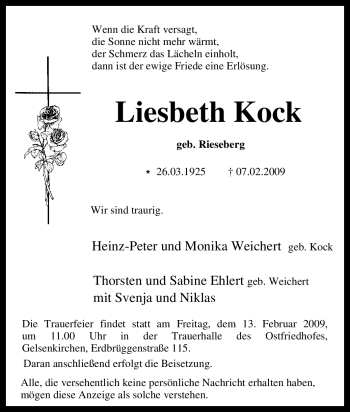Traueranzeige von Liesbeth Kock von Tageszeitung