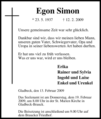 Traueranzeige von Egon Simon von Tageszeitung