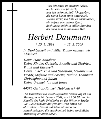 Traueranzeige von Herbert Daumann von Tageszeitung