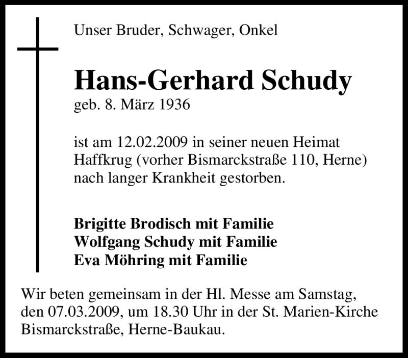  Traueranzeige für Hans-Gerhard Schudy vom 25.02.2009 aus Tageszeitung