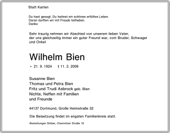 Traueranzeige von Wilhelm Bien von Tageszeitung