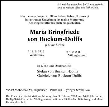 Traueranzeige von Maria Bringfriede von Bockum-Dolffs von Tageszeitung