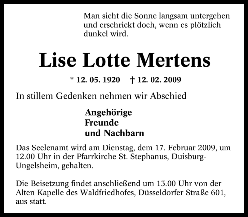  Traueranzeige für Lise Lotte Mertens vom 14.02.2009 aus Tageszeitung
