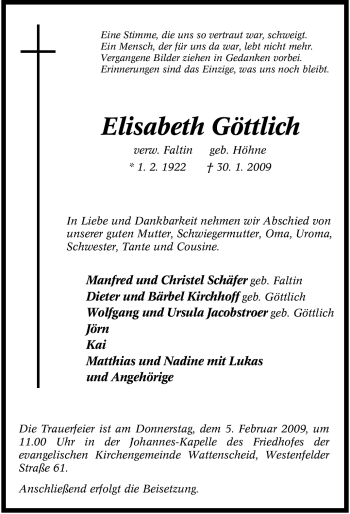 Traueranzeige von Elisabeth Göttlich von Tageszeitung