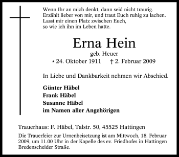 Traueranzeige von Erna Hein von Tageszeitung