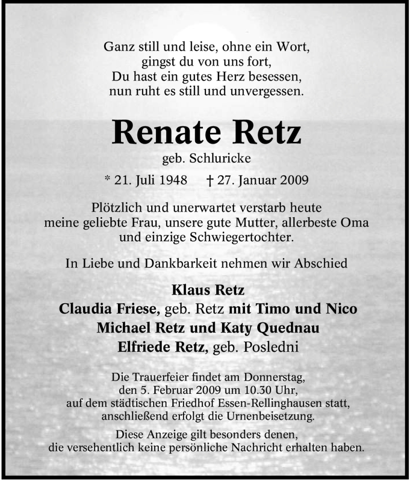  Traueranzeige für Renate Retz vom 03.02.2009 aus Tageszeitung