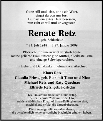 Traueranzeige von Renate Retz von Tageszeitung