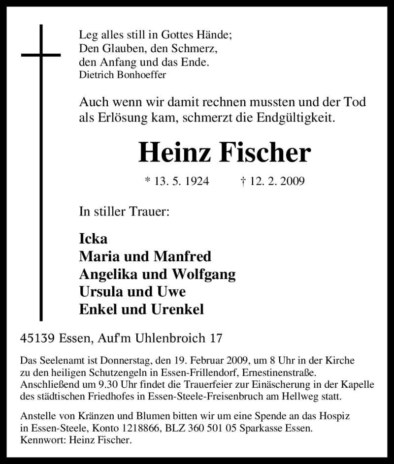  Traueranzeige für Heinz Fischer vom 14.02.2009 aus Tageszeitung
