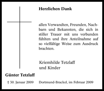 Traueranzeige von Günter Tetzlaff von Tageszeitung