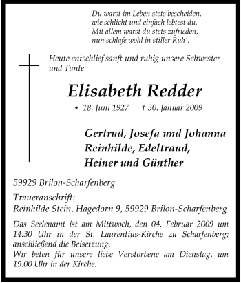 Traueranzeige von Elisabeth Redder von Tageszeitung