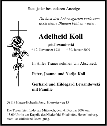 Traueranzeige von Adelheid Koll von Tageszeitung