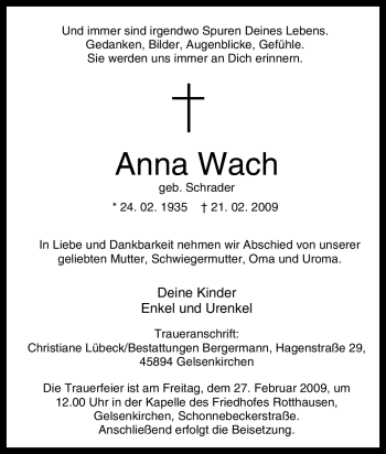 Traueranzeige von Anna Wach von Tageszeitung