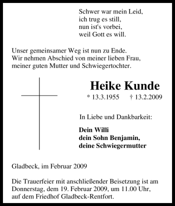 Traueranzeige von Heike Kunde von Tageszeitung
