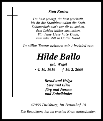 Traueranzeige von Hilde Ballo von Tageszeitung