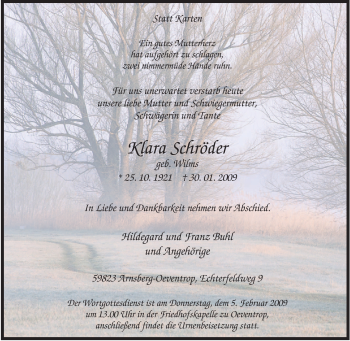 Traueranzeige von Klara Schröder von Tageszeitung