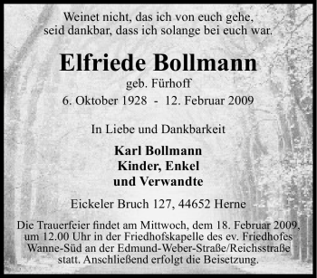 Traueranzeige von Elfriede Bollmann von Tageszeitung