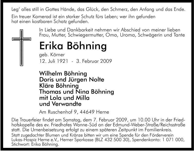  Traueranzeige für Erika Böhning vom 05.02.2009 aus Tageszeitung