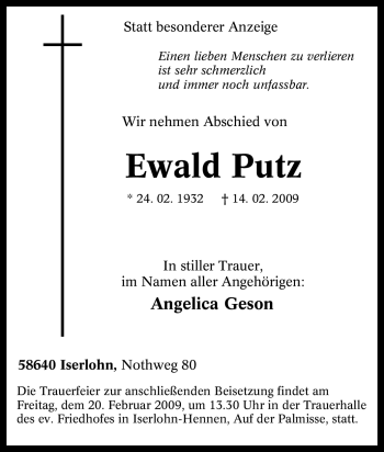 Traueranzeige von Ewald Putz von Tageszeitung