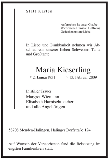Traueranzeige von Maria Kieserling von Tageszeitung