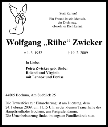 Traueranzeige von Wolfgang Zwicker von Tageszeitung