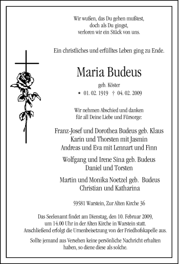 Traueranzeige von Maria Budeus von Tageszeitung