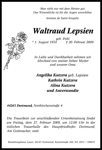 Traueranzeige von Waltraud Lepsien von Tageszeitung