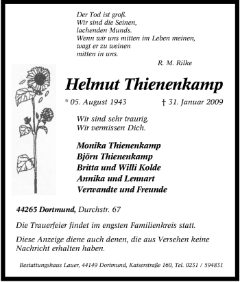 Traueranzeige von Helmut Thienenkamp von Tageszeitung