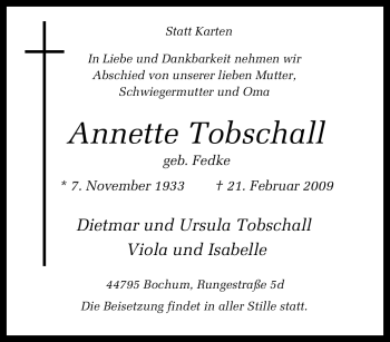 Traueranzeige von Annette Tobschall von Tageszeitung