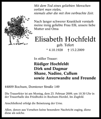 Traueranzeige von Elisabeth Hochfeldt von Tageszeitung