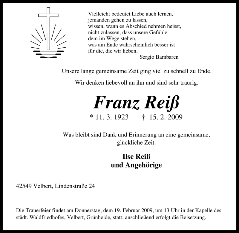  Traueranzeige für Franz Reiß vom 18.02.2009 aus Tageszeitung