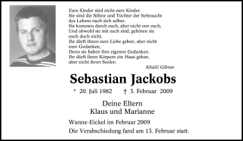 Traueranzeige von Sebastian Jackobs von Tageszeitung