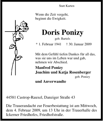 Traueranzeige von Doris Ponizy von Tageszeitung