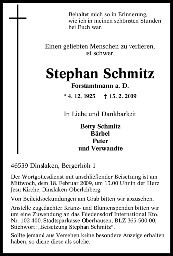 Traueranzeige von Stephan Schmitz von Tageszeitung