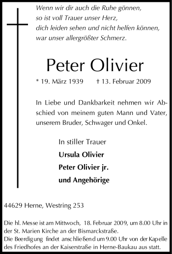 Traueranzeige von Peter Olivier von Tageszeitung