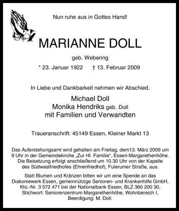 Traueranzeige von Marianne Doll von Tageszeitung