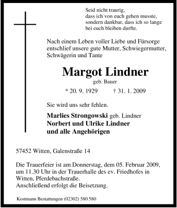 Traueranzeige von Margot Lindner von Tageszeitung