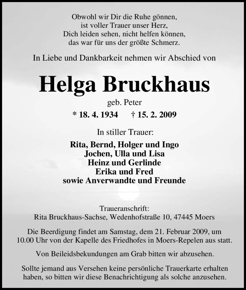  Traueranzeige für Helga Bruckhaus vom 19.02.2009 aus Tageszeitung