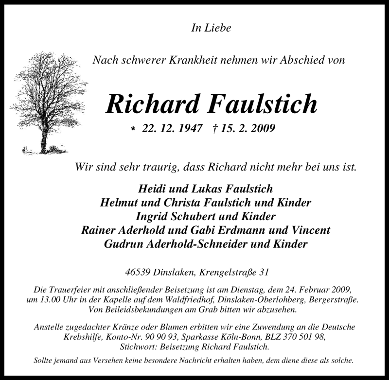  Traueranzeige für Richard Faulstich vom 19.02.2009 aus Tageszeitung