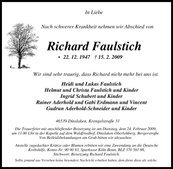Traueranzeige von Richard Faulstich von Tageszeitung