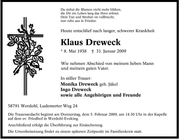 Traueranzeige von Klaus Dreweck von Tageszeitung