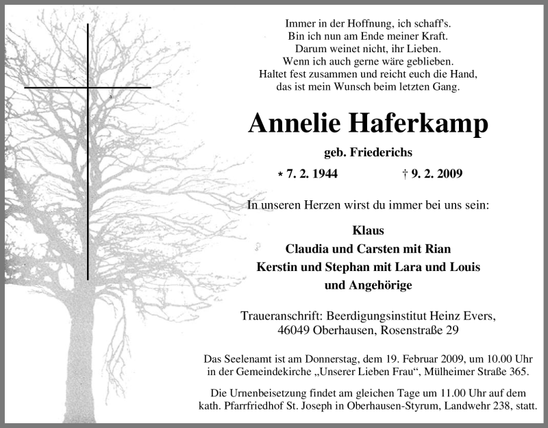 Traueranzeige für Annelie Haferkamp vom 14.02.2009 aus Tageszeitung