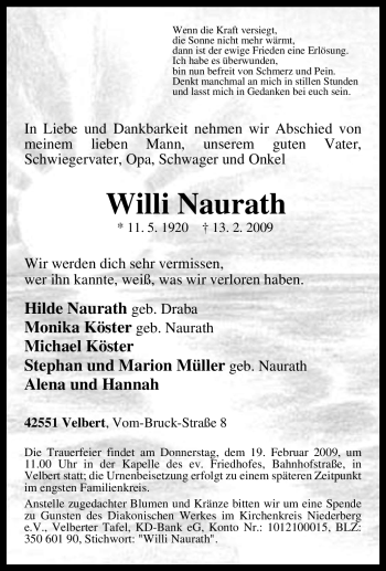Traueranzeige von Willi Naurath von Tageszeitung