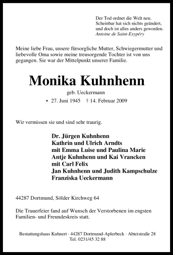 Traueranzeige von Monika Kuhnhenn von Tageszeitung