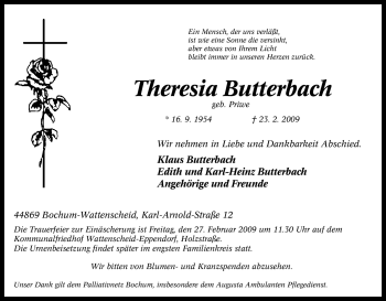 Traueranzeige von Theresia Butterbach von Tageszeitung